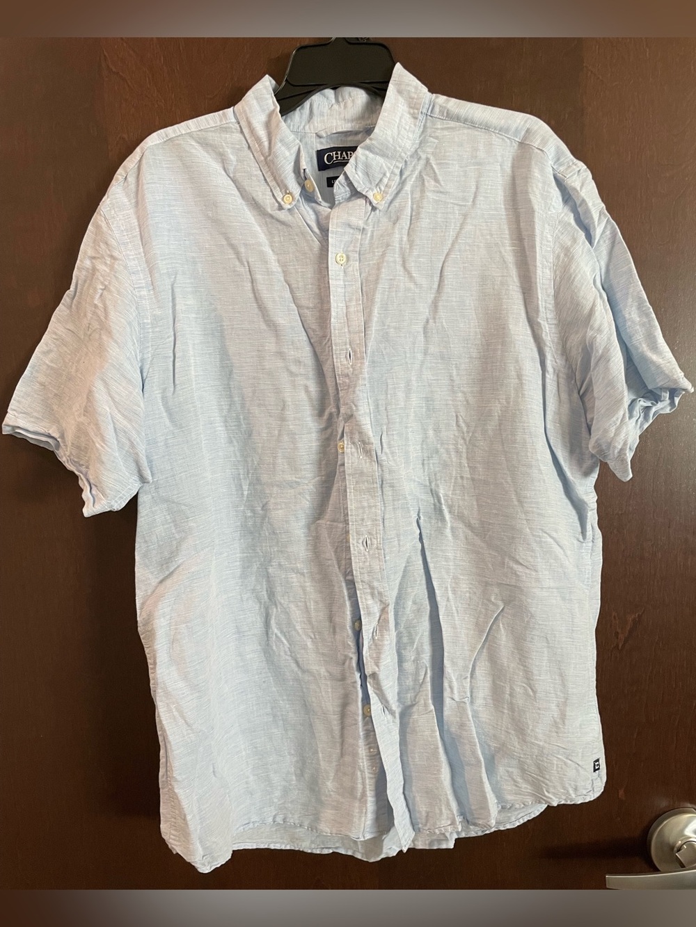 Chaps Mens Light Blue Short-Sleeve Button-Down Shirt Linen Blend Size XL